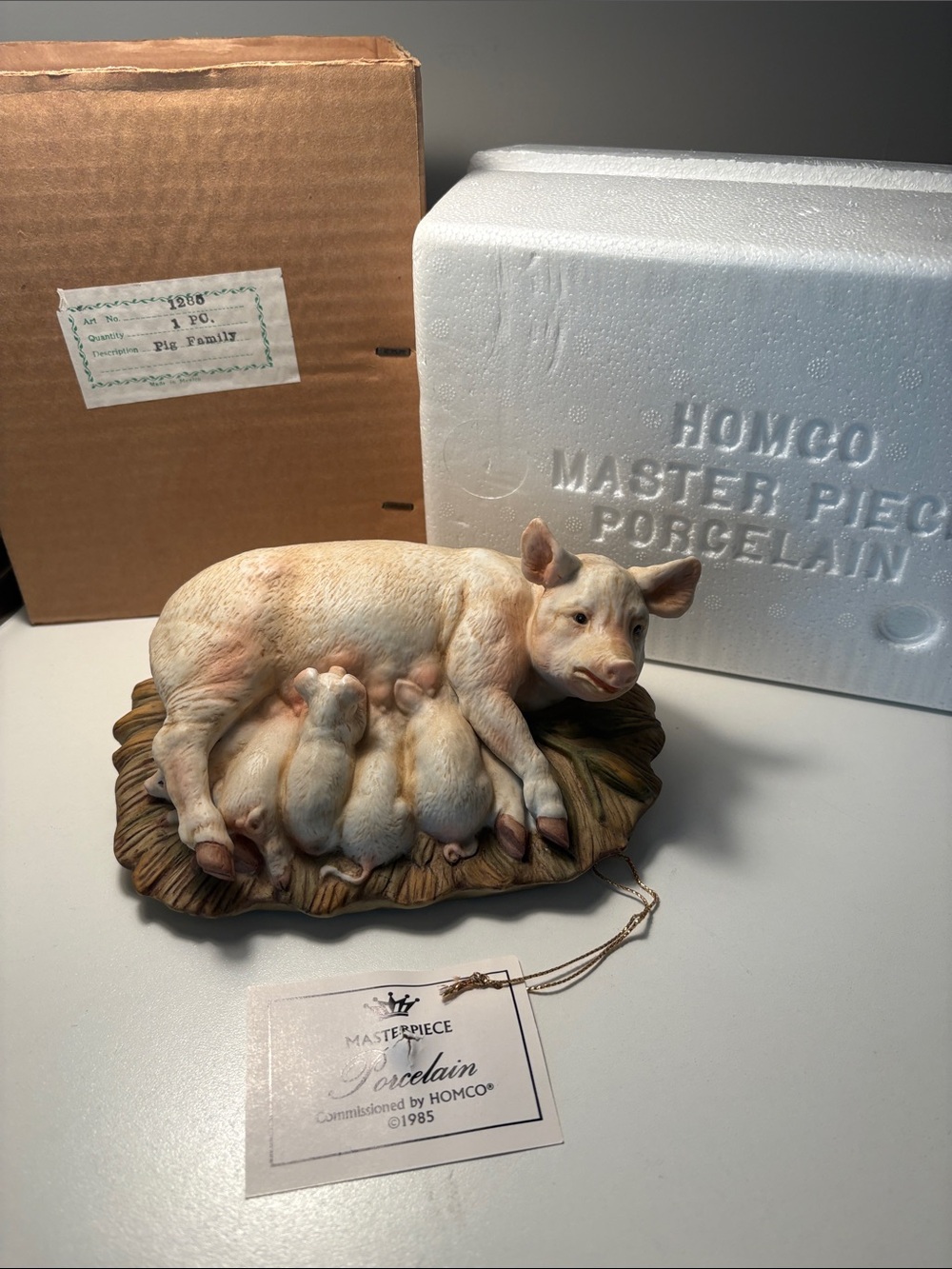 Vintage 1985 Homco Porcelain Nursing Pig Family in Cream and Pink #1285